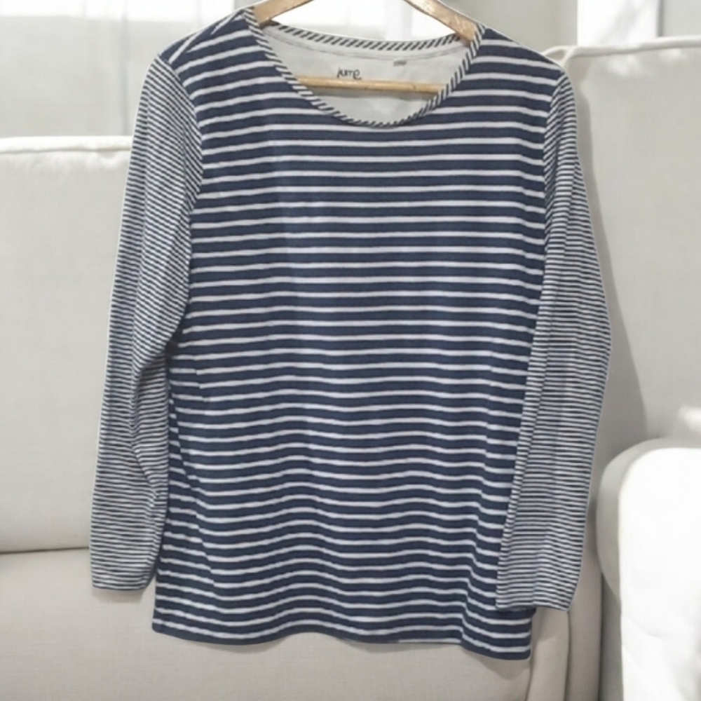 KITE shirt Organic Cotton Top Navy and White Striped Long Sleeve Womens Size‎ 12